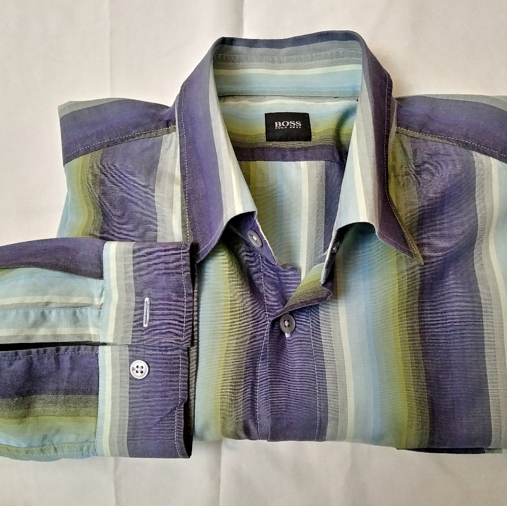 Hugo BOSS Men Long Sleeve Striped Dress Shirt. Men Button Down Shirt.